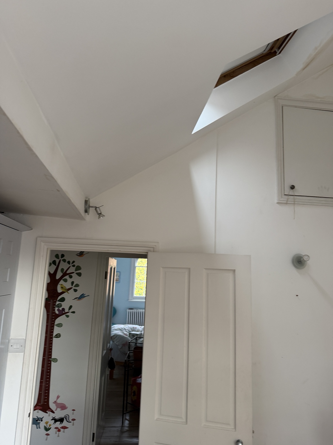 White painted walls and ceiling around a loft hatch and doorway
